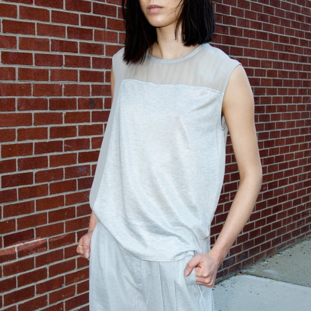 NWT HELMUT LANG Grey Silk Cotton Blend Sleeveless Blouse Top Size L MSRP $220